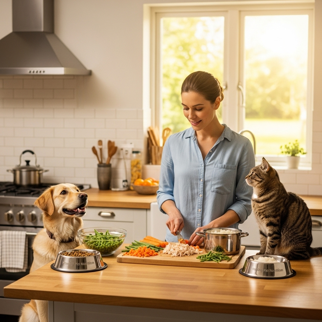 “Owner preparing affordable homemade pet food for dog and cat in kitchen.”