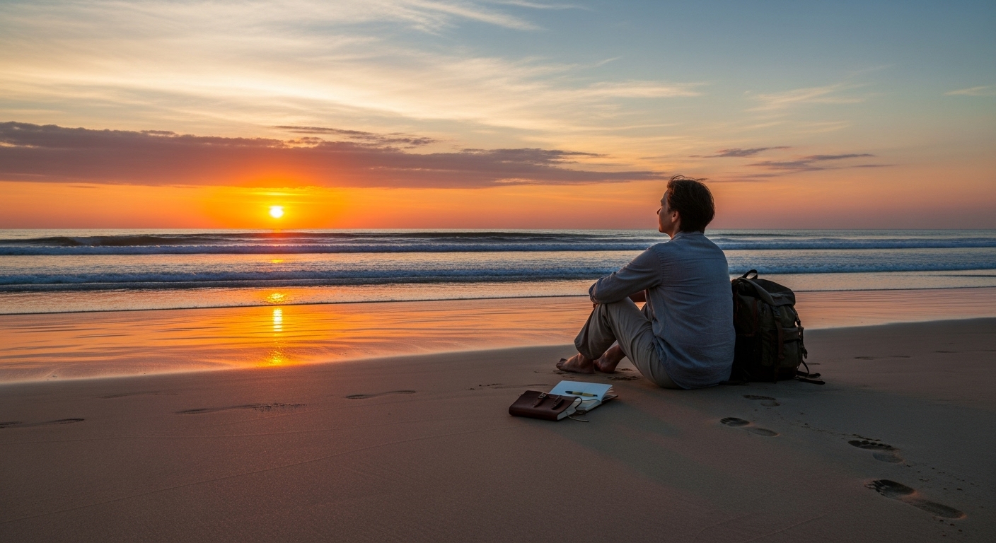 Solo traveler reflecting on their journey at sunset — freedom and fulfillment.