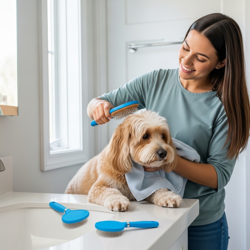 “Owner grooming dog at home using simple affordable grooming tools.”